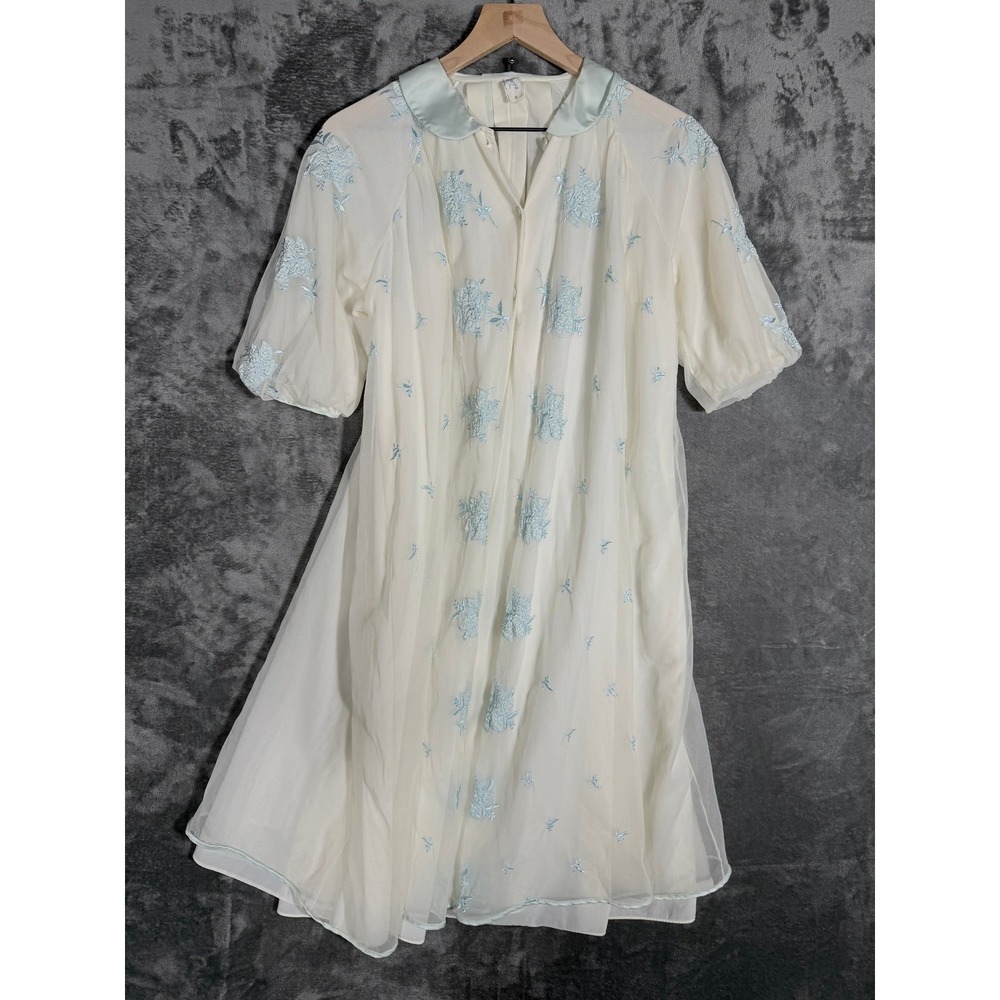 Leonora Womens Robe S‎ Ivory Light Blue Vintage Embroidered Sheer Nylon